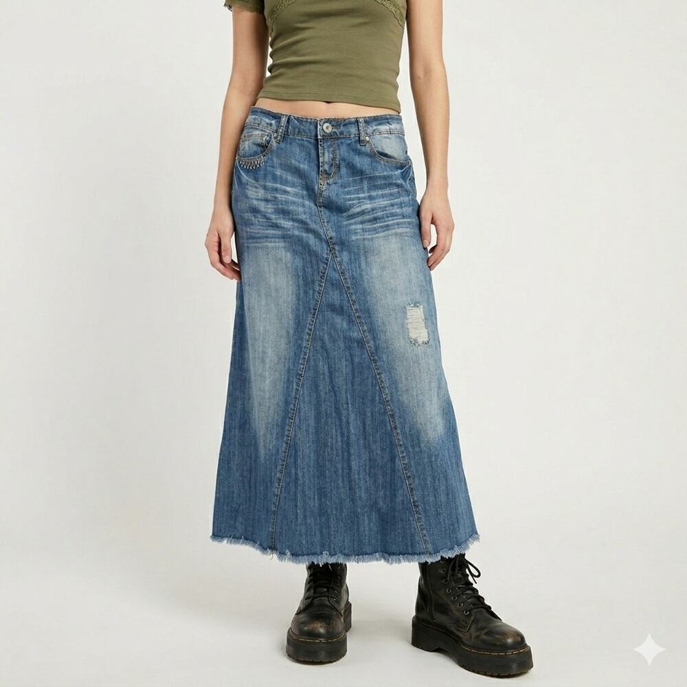VTG Mudd Denim Maxi Skirt Size 11 Y2K Fairy Grunge Boho Frayed Distressed Long